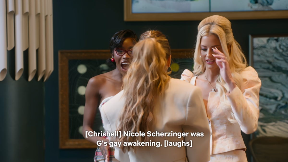 Chelsea Lakzhani and Emma Hernan listening as Chrishell Stause tells them that Nicole Scherzinger was her partner G Flip’s gay awakening